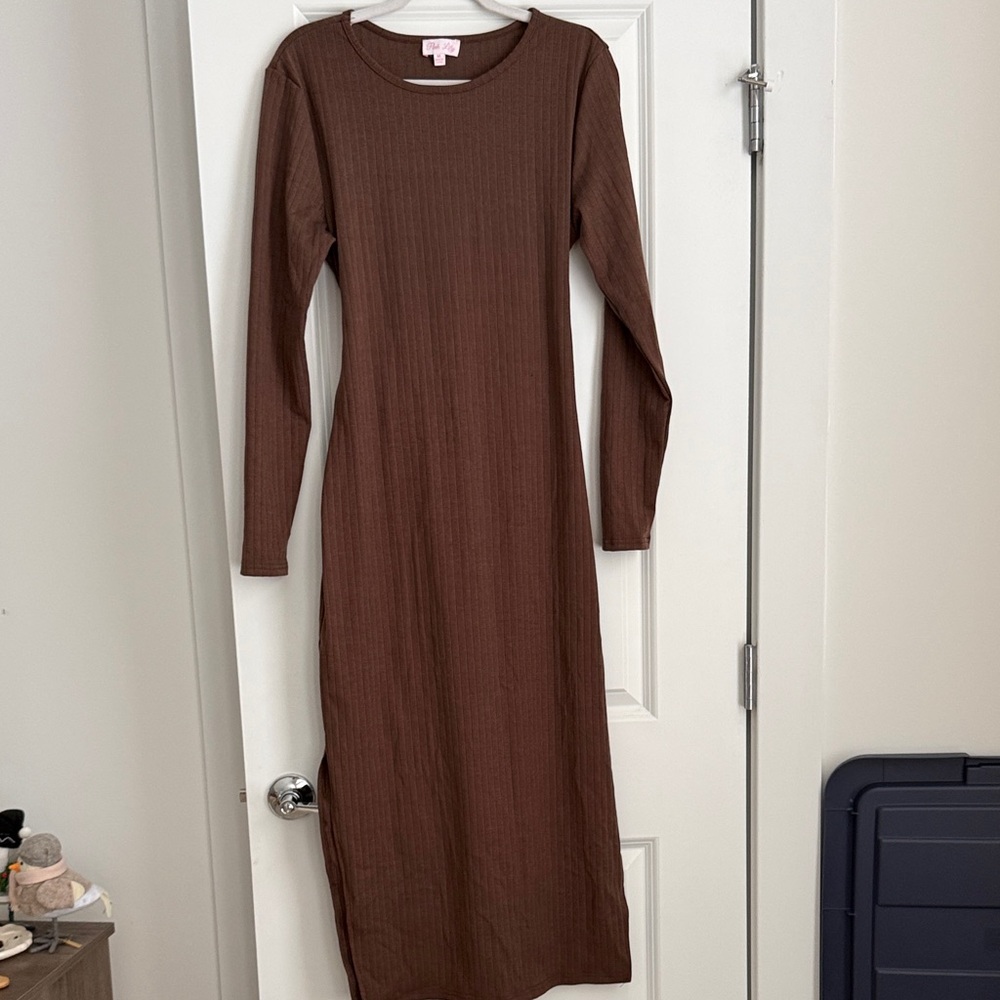 Brown Ribbed Long Sleeve Bodycon Dress